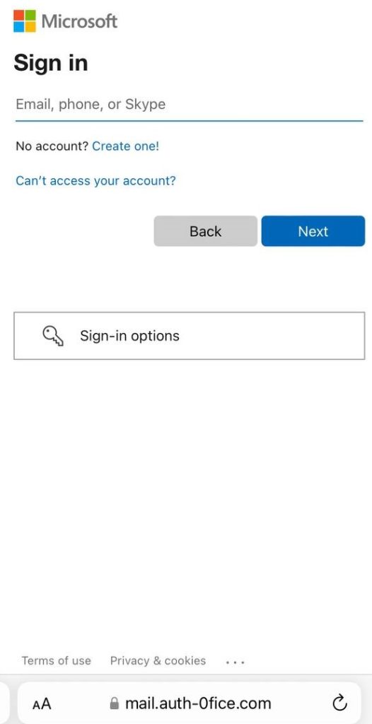 Phishing form