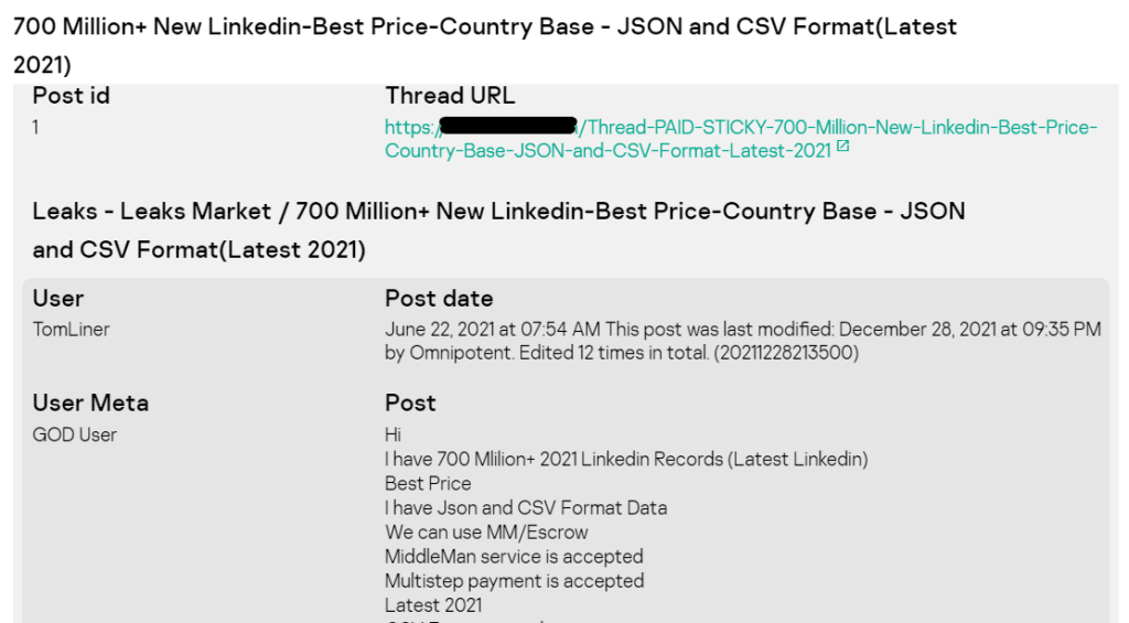 An example of a leaked LinkedIn database distribution (screenshot was obtained from Kaspersky Digital Footprint Intelligence Portal)